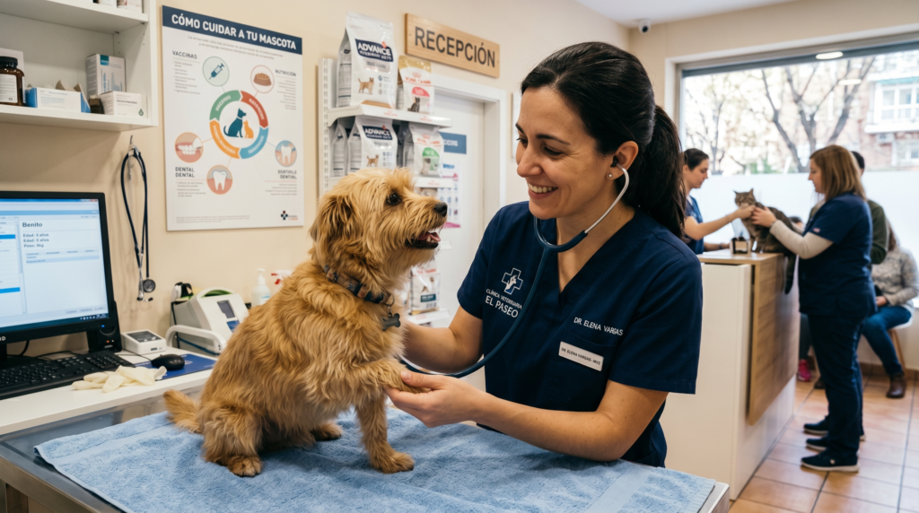 Veterinária realizando check-up em cachorro com estetoscópio dentro de uma clínica veterinária.