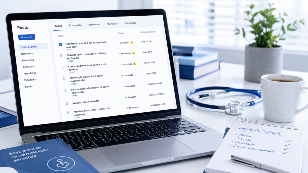 Notebook exibindo posts médicos em revisão ética, com ícones de alerta e checklist de boas práticas antes da publicação.