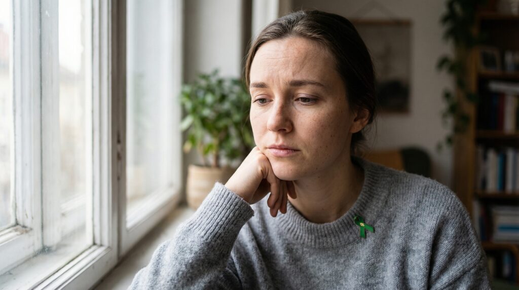 Mulher pensativa olhando pela janela, representando autocobrança e saúde mental no trabalho