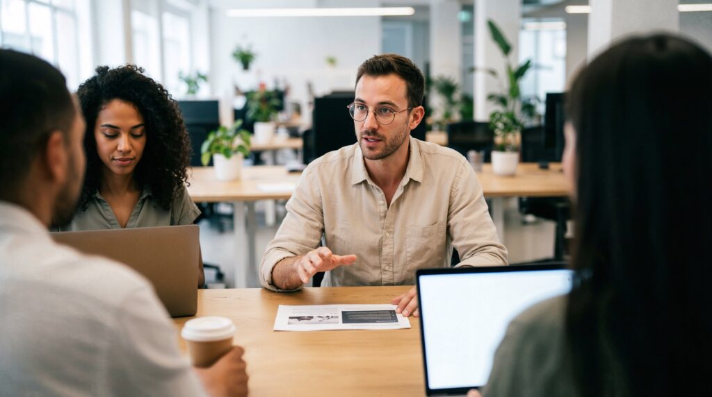 Profissionais em reunião discutindo boas práticas para saúde mental no trabalho e ambiente corporativo saudável